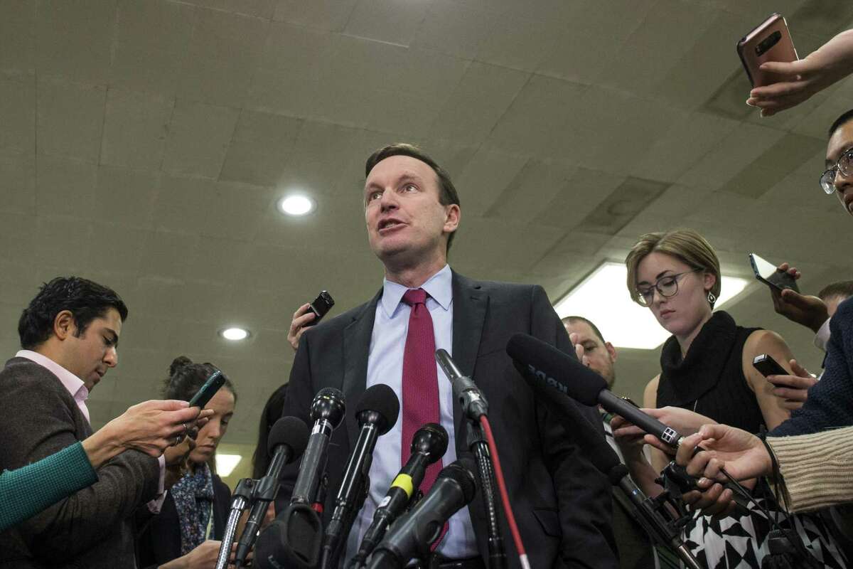 Sen. Chris Murphy (D-CT) speaks to the press after receiving a briefing from U.S. Secretary of Defense Jim Mattis and U.S. Secretary of State Mike Pompeo on developments in Saudi Arabia on Capitol Hill. The resolution backed by Murphy and Sens. Mike Lee, R-Utah, and Bernie Sanders, I-Vt., would invoke the War Powers Act’s requirement that prolonged U.S. military involvement overseas must be authorized by Congress.