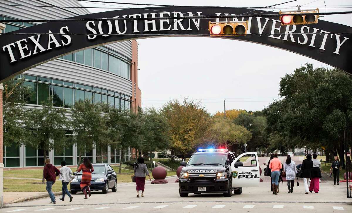 People are given the all clear and let back onto the Texas Southern campus on Wednesday, Nov. 28, 2018, in Houston. The TSU campus was evacuated Wednesday afternoon due to a bomb threat was made to the school.