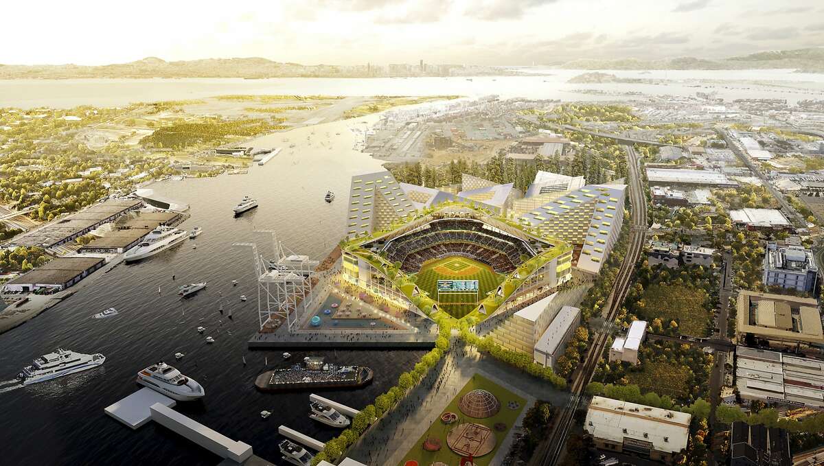 This rendering released Wednesday, Nov. 28, 2018, by the Oakland Athletics shows an elevated view of the baseball club's proposed new at Howard Terminal in Oakland, Calif. (Courtesy of BIG - Bjarke Ingels Group/Oakland Athletics via AP)
