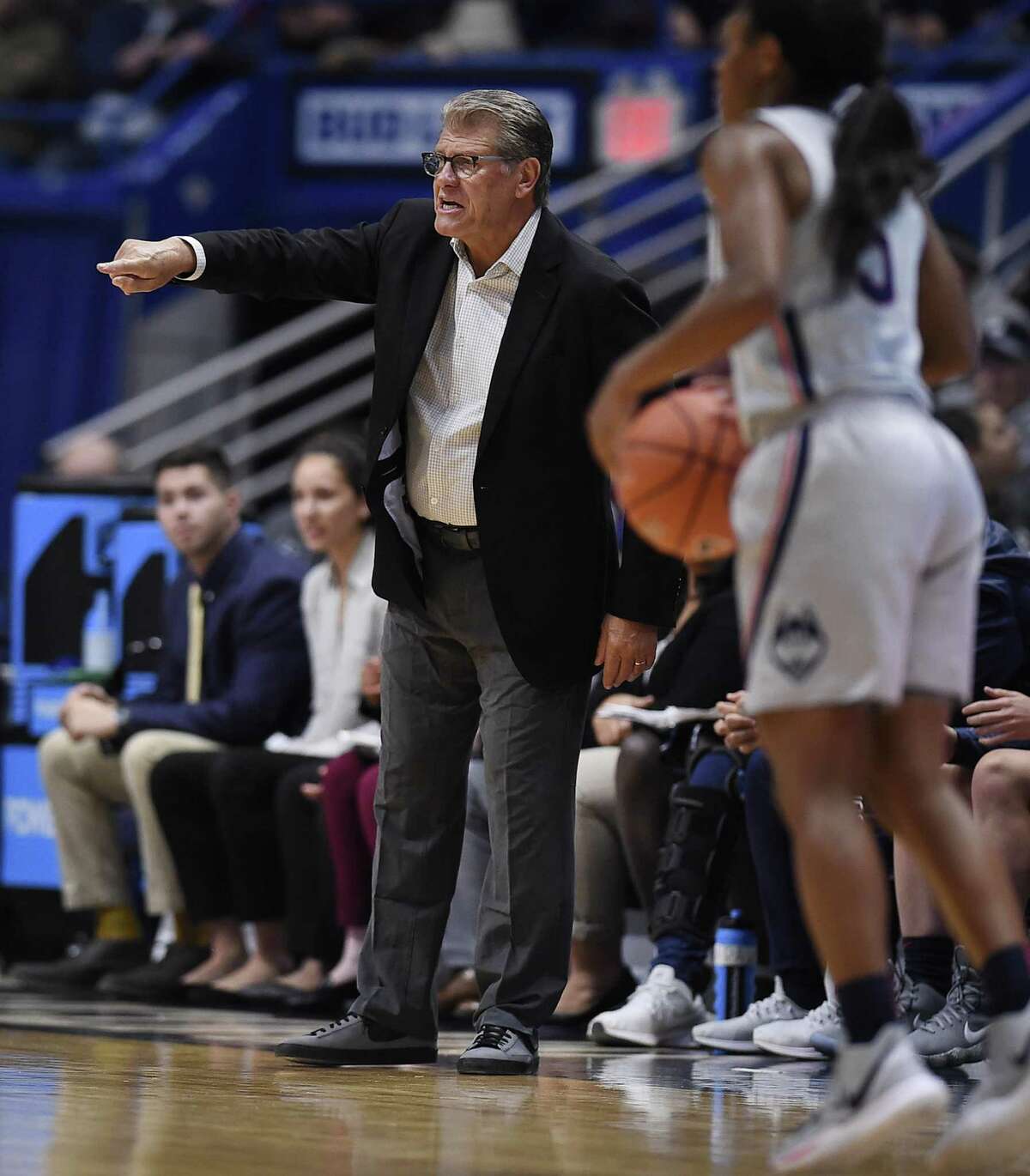 UConn coach Geno Auriemma gestures to his team during the second half against DePaul in Hartford Wednesday. (AP Photo/Jessica Hill)