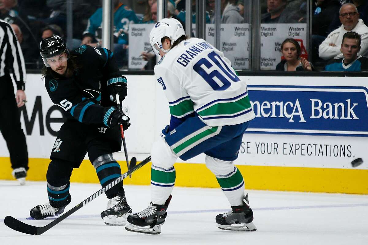 San Jose Sharks defenseman Erik Karlsson (65) in an NHL game against the Vancouver Canucks at SAP Center on Friday, Nov. 23, 2018, in San Jose, Calif.