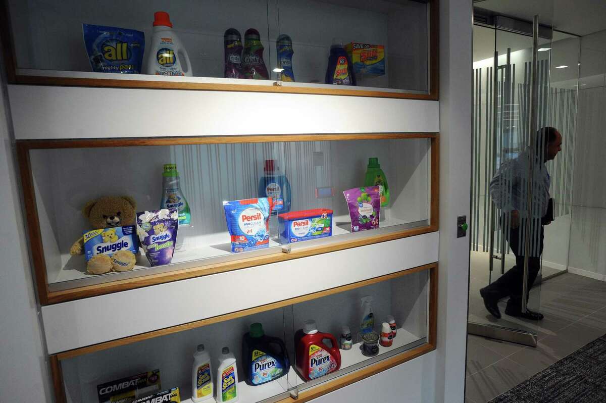 Henkel brands are displayed at the company’s North American consumer goods headquarters at 200 Elm St., in downtown Stamford, Conn.