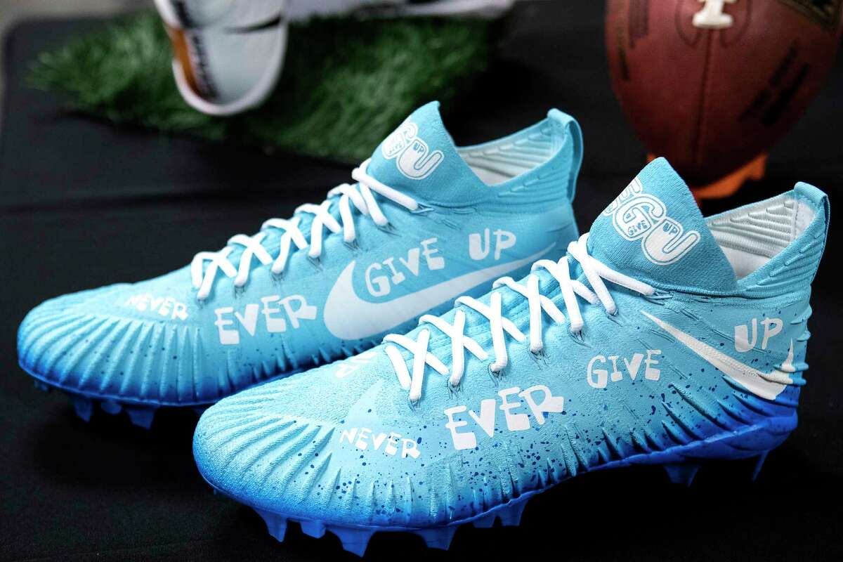 Houston Texans quarterback Deshaun Watson's cleats, supporting Jessie Rees Foundation - NEGU, made for the annual "My Cleats My Cause" campaign at NRG Stadium are unveiled on Thursday, Nov. 29, 2018, in Houston. The Texans unveiled the cleats they will be wearing this weekend as part of the NFL's annual "My Cause, My Cleats" initiative. The initiative allows players to wear cleats of their choice in support of a charity of their choosing.