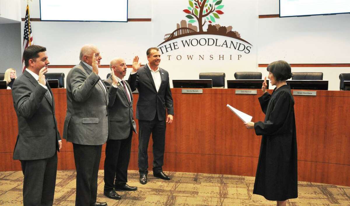 The annual canvassing of the vote from the Nov. 3, 2020, election in The Woodlands has been rescheduled from the normal second Friday after election day this year. Instead of approving the results of the Nov. 3 election on Friday, Nov. 13, the official certification of the final results will now be on Tuesday, Nov. 17. In this archive photogaph from 2018, incumbents on were sworn in for their new two-year terms by Precinct 3 Justice of the Peace Edie Connelly.