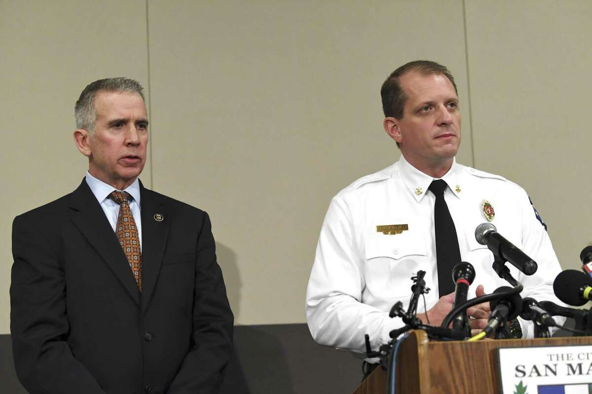 Fred Milanowski, left, of the federal Bureau of Alcohol, Tobacco, Firearms and Explosives, and San Marcos Fire Marshal Kelly Kistner speak during a press conference Nov. 30 about the Iconic Village Apartments fire. They said tests show that the fire, which killed five people, was intentionally set.