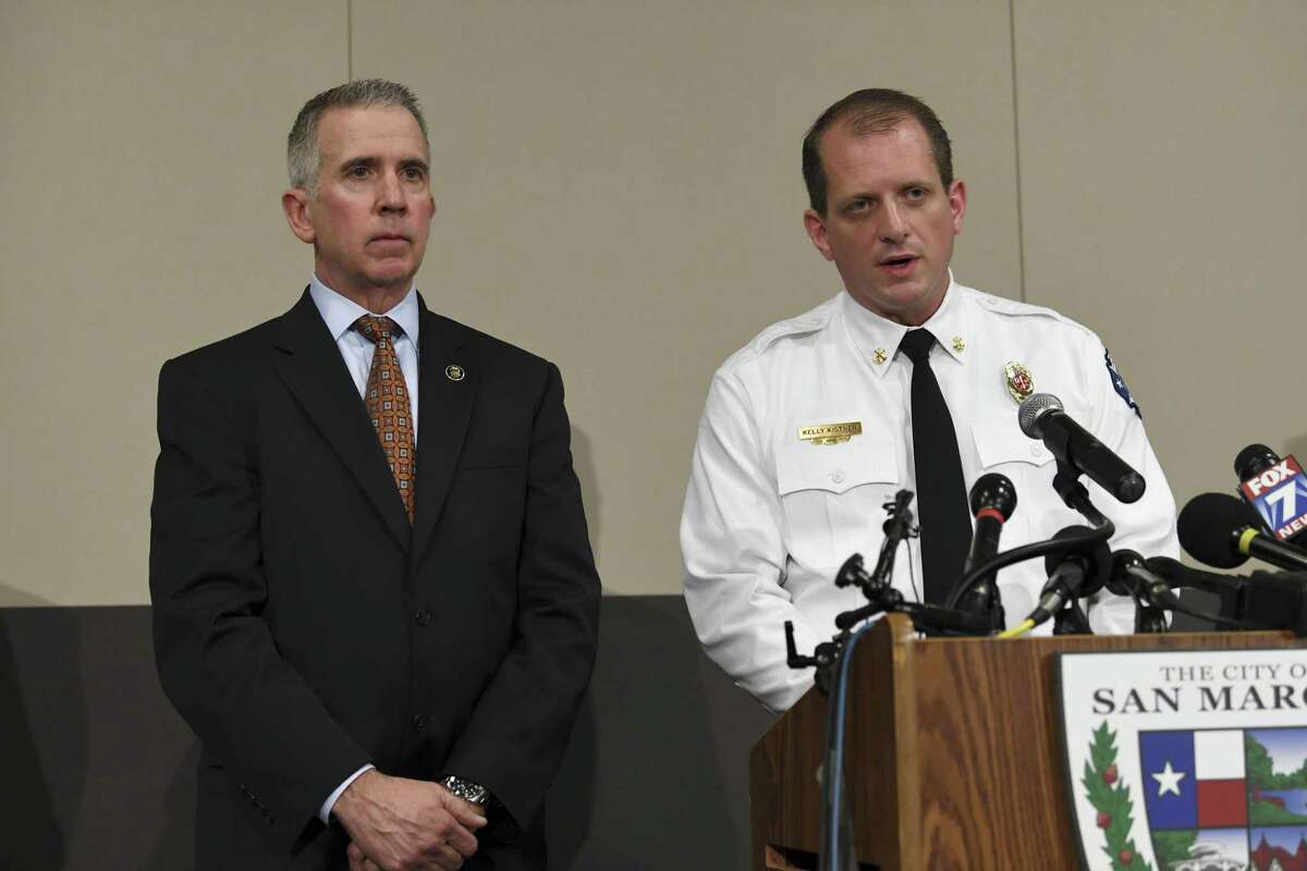 Fred Milanowski of the ATF, left, and fire Marshal Kelly Kistner of San Marcos speak during a press conference about the Iconic Village fire of July 20 on Friday, Nov. 30, 2018. They announced that the fire, which killed five people, was intentionally set.