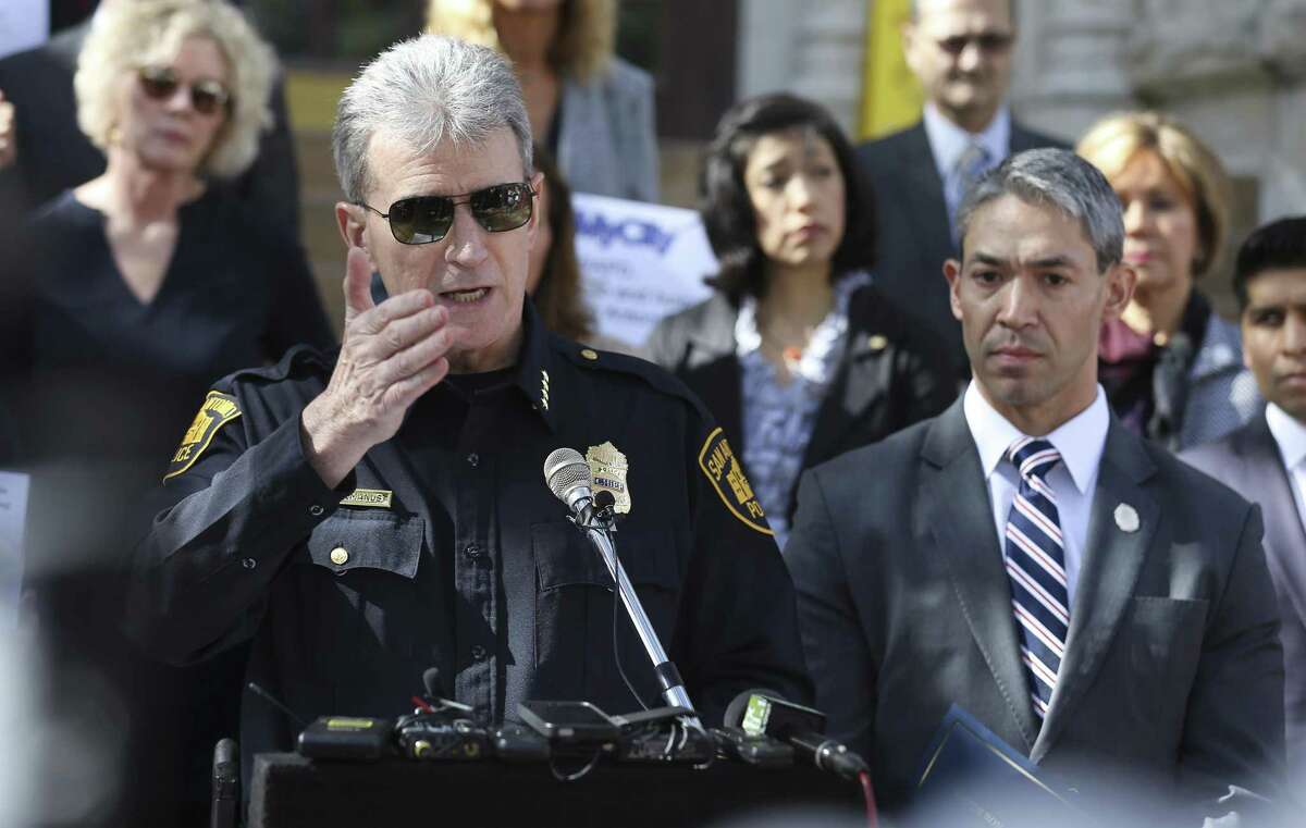 San Antonio Police Chief William McManus fields questions during a press conference to raise awareness of human trafficking on the steps of City Hall on Thursday, Jan. 11, 2018. Mayor Ron Nirenberg (right) was quick to show support for McManus who has become embroiled in an investigation concerning the release of immigrants in a human smuggling case which occurred on December 23. District 6 Councilman Greg Brockhouse sent a letter to the U.S. Attorney General's Office to investigate the handling of human smuggling incident by San Antonio Police. McManus has maintained that the department and his officers abided by proper procedure and had no jurisdiction to hold the immigrants which were released to the Refugee and Immigration Center for Education and Legal Services (RAICES) and Catholic Charities. (Kin Man Hui/San Antonio Express-News)