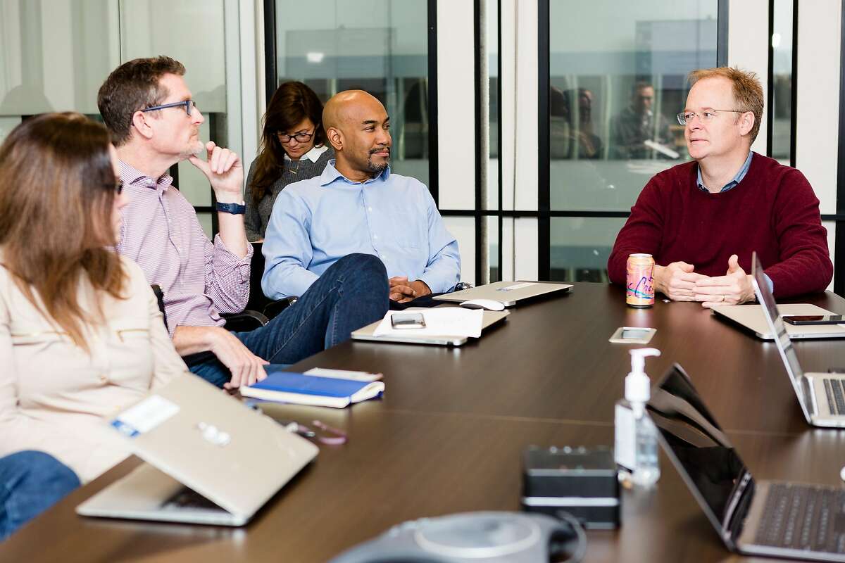 Chief Marketing Officer Jennifer Nuckles (left), Chief Financial Officer Jeff McCombs, Chief Medical Officer Ian Tong, and Chief Executive Officer Hill Ferguson during the Doctor on Demand weekly leadership meeting at the San Francisco, California headquarters of Doctor on Demand on Wednesday, November 14, 2018.