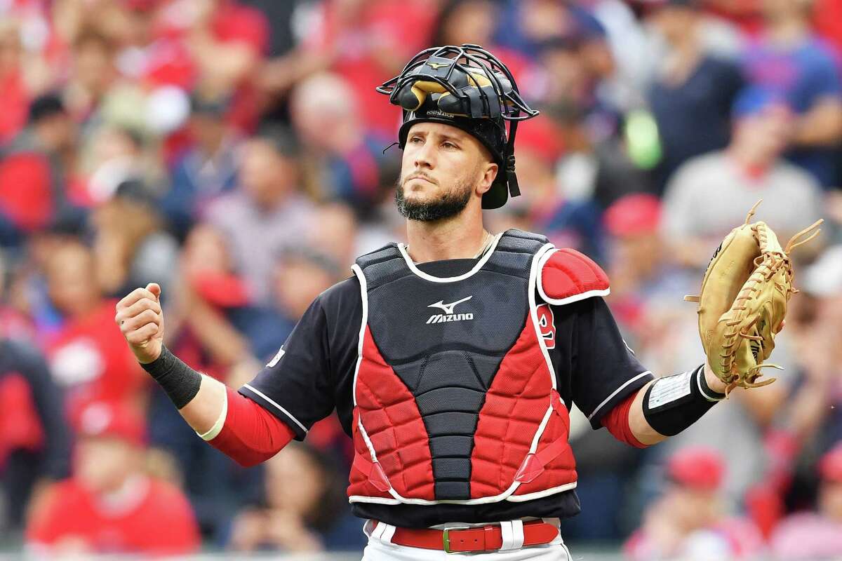 CLEVELAND, OH - OCTOBER 06: Yan Gomes #7 of the Cleveland Indians reacts first inning against the New York Yankees during game two of the American League Division Series at Progressive Field on October 6, 2017 in Cleveland, Ohio. (Photo by Jason Miller/Getty Images) ORG XMIT: 775053729