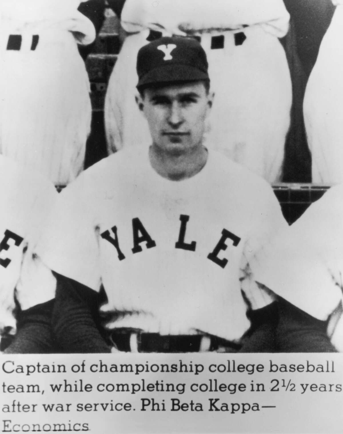 circa 1946: Portrait of future U.S. president George Bush wearing his team jersey and cap as captain of his college baseball team, Yale University, Connecticut. (Photo by Consolidated News Pictures/Getty Images)