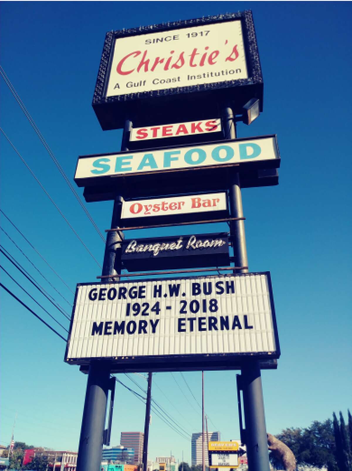 PHOTOS: Christie's says goodbye to Bush 41, a beloved regular  George and Barbara Bush were regular customers at Christie's Seafood. After Bush passed away on Friday -- seven months after his wife -- the restaurant issued a heartfelt goodbye. >>> Click through to see more memorial of Bush at the restaurant 