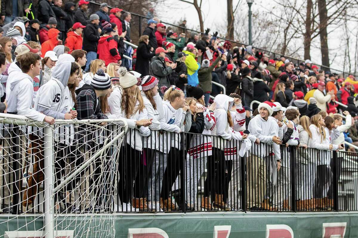 New Canaan students and fans made the trip to Fairfield to cheer their team to victory during a football game between New Canaan and Fairfield Prep on December 2, 2018 at Fairfield University in Fairfield, CT.