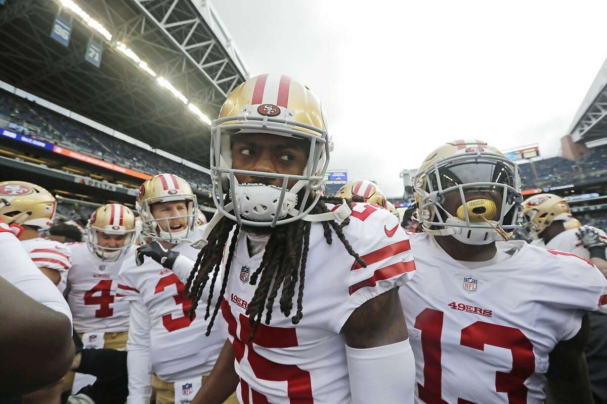 Seattle, WA, USA. 2nd Dec, 2018. San Francisco 49ers cornerback Richard  Sherman (25) during a game between the San Francisco 49ers and the Seattle  Seahawks at CenturyLink Field in Seattle, WA. Seahawks