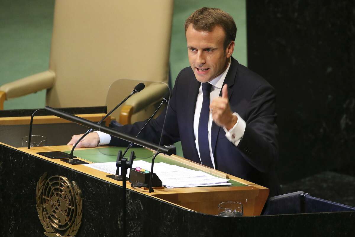 FILE -- French President Emmanuel Macron addresses the United Nations General Assembly at the UN headquarters in New York, Sept. 25, 2018. President Emmanuel Macron returned to France on Dec. 2 from a summit meeting in Argentina to find his country in turmoil after a day of violent protests. (Chang W. Lee/The New York Times)