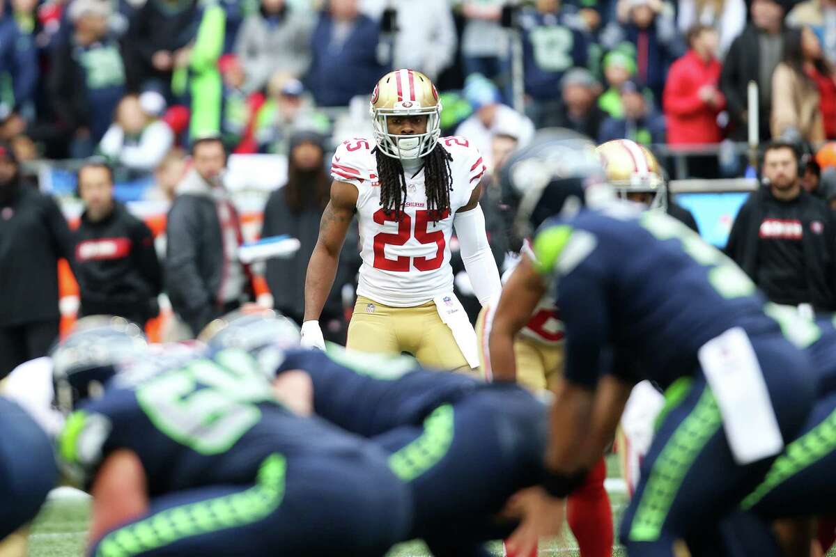 San Francisco cornerback and former Seahawk Richard Sherman watches the snap during the second quarter of Seattle's game against San Francisco, Sunday, Dec. 2, 2018 at CenturyLink Field.