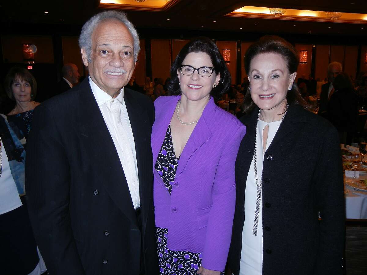 Radio host Ray Taliaferro (left) and Judge Katherine Feinstein with Compassion & Choices Luncheon co-chair Lucie Weissman at the St. Francis Hotel. April 2014. By Catherine Bigelow.