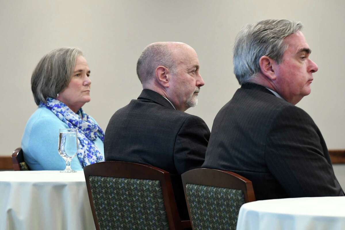 Capital Region mayors, Meg Kelly of Saratoga Springs, left, Patrick Madden of Troy, center, and Gary McCarthy of Schenectady, right, take part in a forum to discuss the challenges facing their cities and the nation's urban centers on Monday, Dec. 3, 2018, at the Hearst Media Center in Colonie, N.Y. (Will Waldron/Times Union)