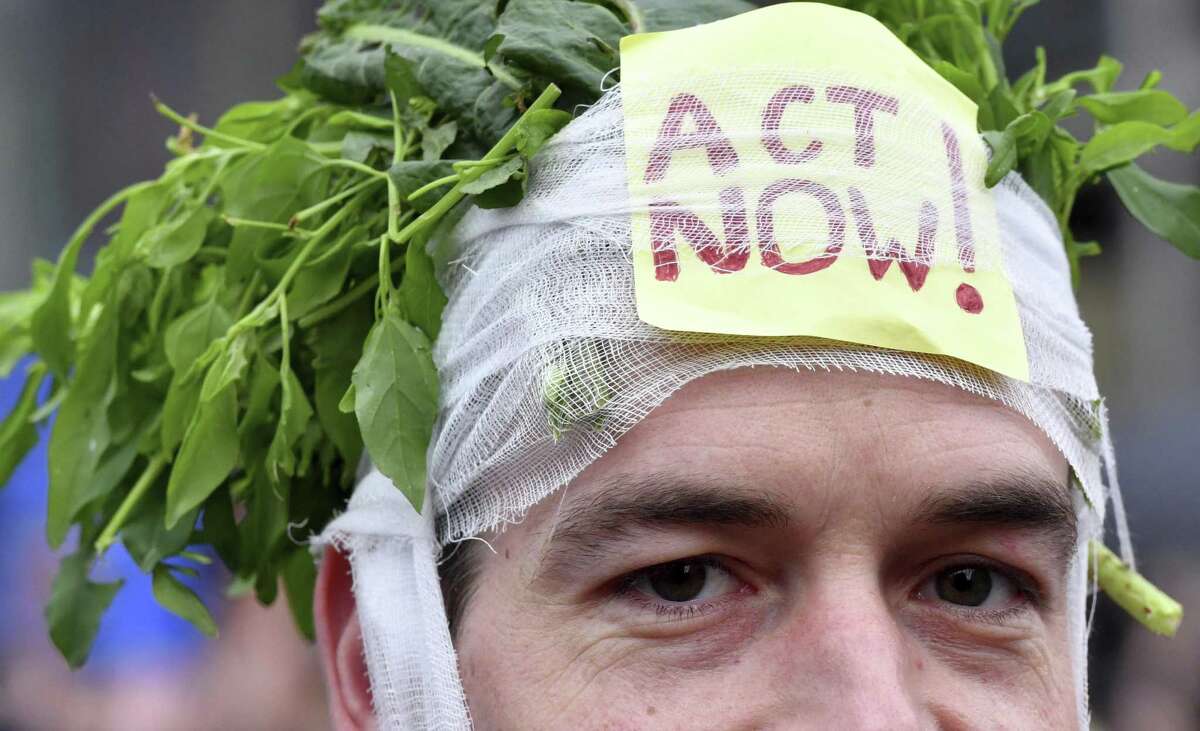 A demonstrator wears a headband stuffed with greens and a sign which reads 'act now' during a 'Claim the Climate' march in Brussels, Sunday, Dec. 2, 2018. The climate change conference, COP24, will take place in Poland from Dec. 2-14. (AP Photo/Geert Vanden Wijngaert)