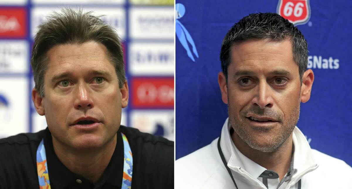 (Left) Men's head coach David Durden attends a United States Swim Team press conference on day seven of the 16th FINA World Championships at the Kazan Arena on July 31, 2015 in Kazan, Russia. (Photo by Streeter Lecka/Getty Images) ; IGreg Meehan, United States head coache for the upcoming FINA World Championships, talks with the media during the 2017 Phillips 66 National Championships & World Championship Trials at Indiana University Natatorium on July 1, 2017 in Indianapolis, Indiana. (Photo by Tom Pennington/Getty Images)