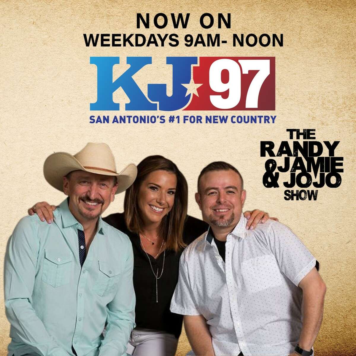 The Randy, Jamie & JoJo show, KJ-97   Wake up to this trio weekday mornings. JoJo joined Randy and Jamie in 2015 after spending time in Austin Radio.    Follow: @randyjaimejojo