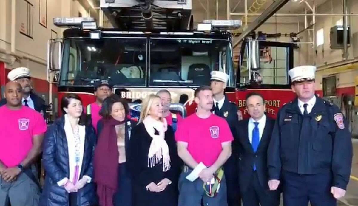 A screenshot of a video shared by Bridgeport, Conn., Fire Department on Dec. 4, 2018. The firefighters raised $3,600 during Breast Cancer Awareness Month.