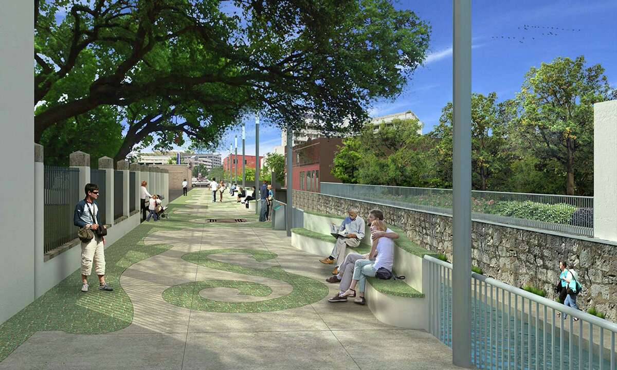 Calder Alley, street level, looking downstream. A rendering of the proposed design for the San Pedro Creek Culture Park phase one, segment two.