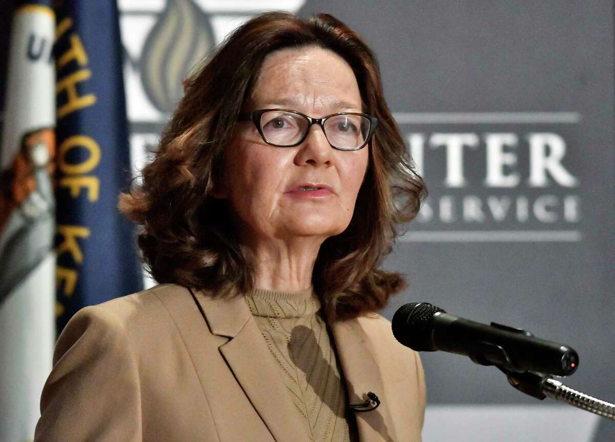 FILE - In this Sept. 24, 2018, file photo, CIA Director Gina Haspel addresses the audience in Louisville, Ky. Haspel is headed to Capitol Hill to brief Senate leaders Tuesday, Dec. 4, 2018, on the slaying of Saudi journalist Jamal Khashoggi as senators weigh their next steps in possibly punishing the longtime Middle East ally over the killing. (AP Photo/Timothy D. Easley, File)