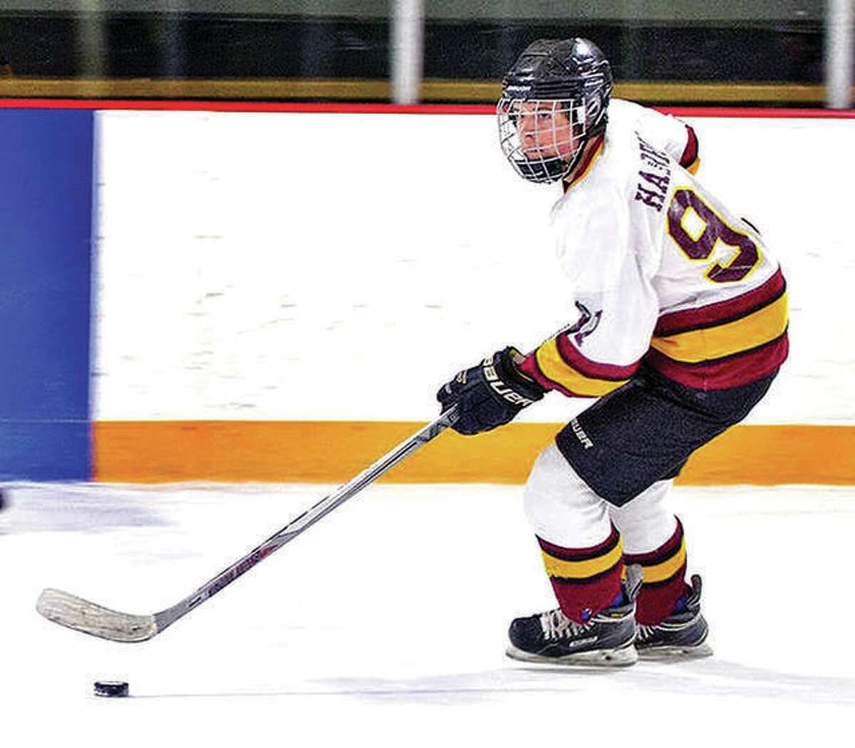 Kaleb Harrop of East Alton-Wood river scored seven of his team’s goals in an 8-8 tie with Alton Tuesday night at the East Alton Ice Arena. He scored the tying goal with 6:32 left in the third period.