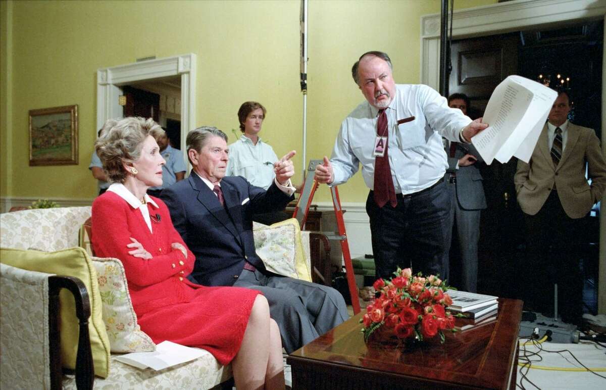 Roger Ailes talks with President Ronald Reagan and first lady Nancy Reagan before they address the nation about drug abuse in 1986 in “Divide and Conquer: The Story of Roger Ailes.”