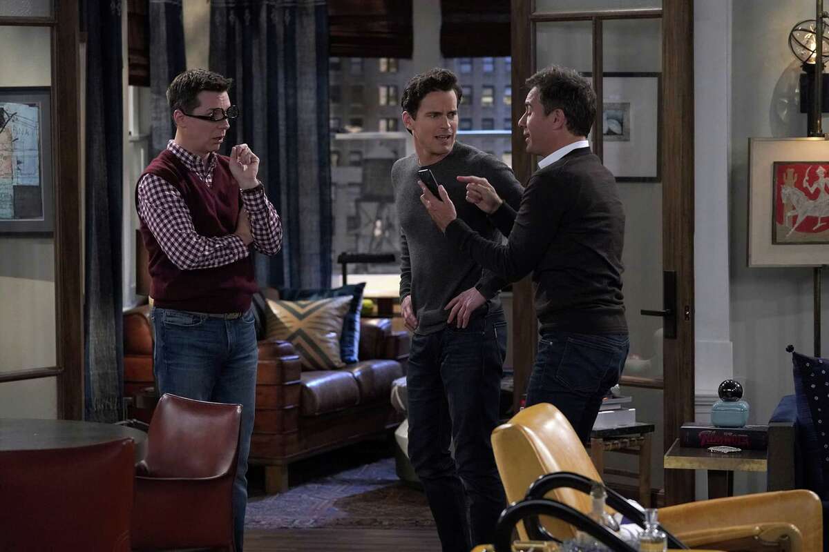 WILL & GRACE -- "Anchor Away" Episode 206 -- Pictured: (l-r) Sean Hayes as Jack McFarland, Matt Bomer as McCoy Whitman, Eric McCormack as Will Truman -- (Photo by: Chris Haston/NBC)