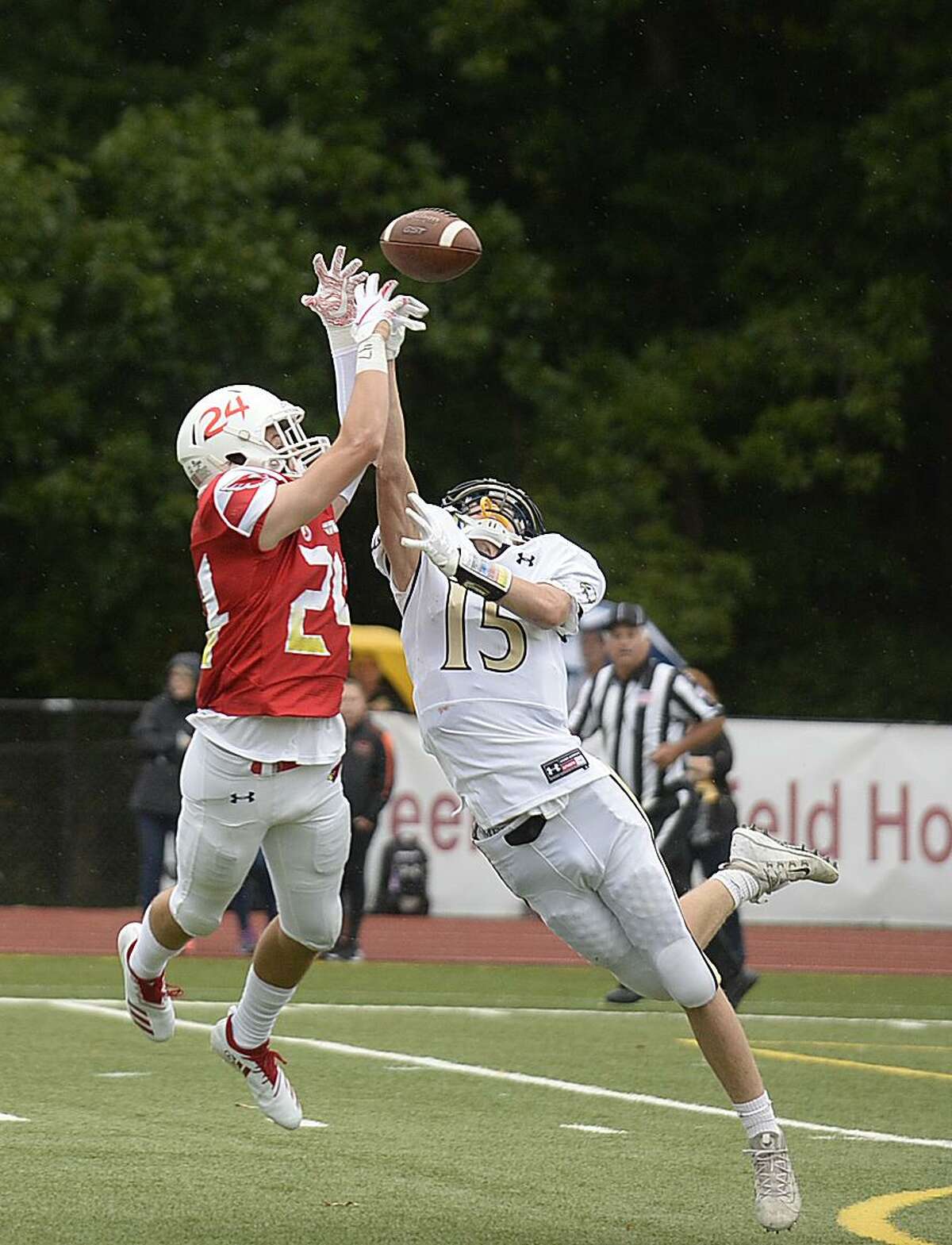 Greenwich’s Nick Veronis blocks a pass intended for Trumbull’s Kyle Atherton during a Sept. 8 game at Cardinal Stadium in Greenwich.