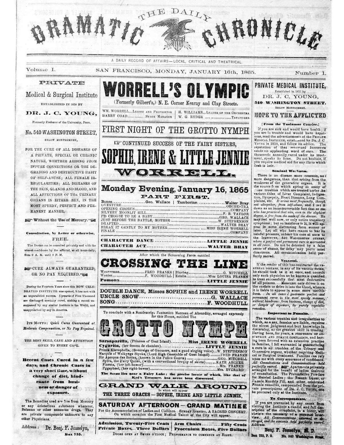 Historic Chronicle Front Page January 16, 186591 First San Francisco Chronicle, then known as the Daily Dramatic Chronicle Chron365, Chroncover