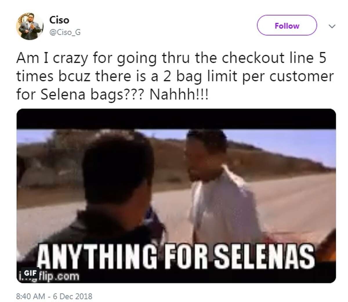 @Cisco_G: Am I crazy for going thru the checkout line 5 times bcuz there is a 2 bag limit per customer for Selena bags??? Nahhh!!!
