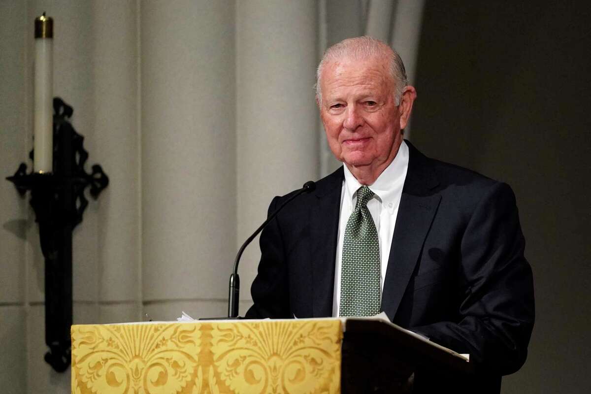 Former Secretary of State James Baker III gives a eulogy during the funeral for former President George H.W. Bush at St. Martin's Episcopal Church, Thursday, Dec. 6, 2018, in Houston. (AP Photo/David J. Phillip, Pool)