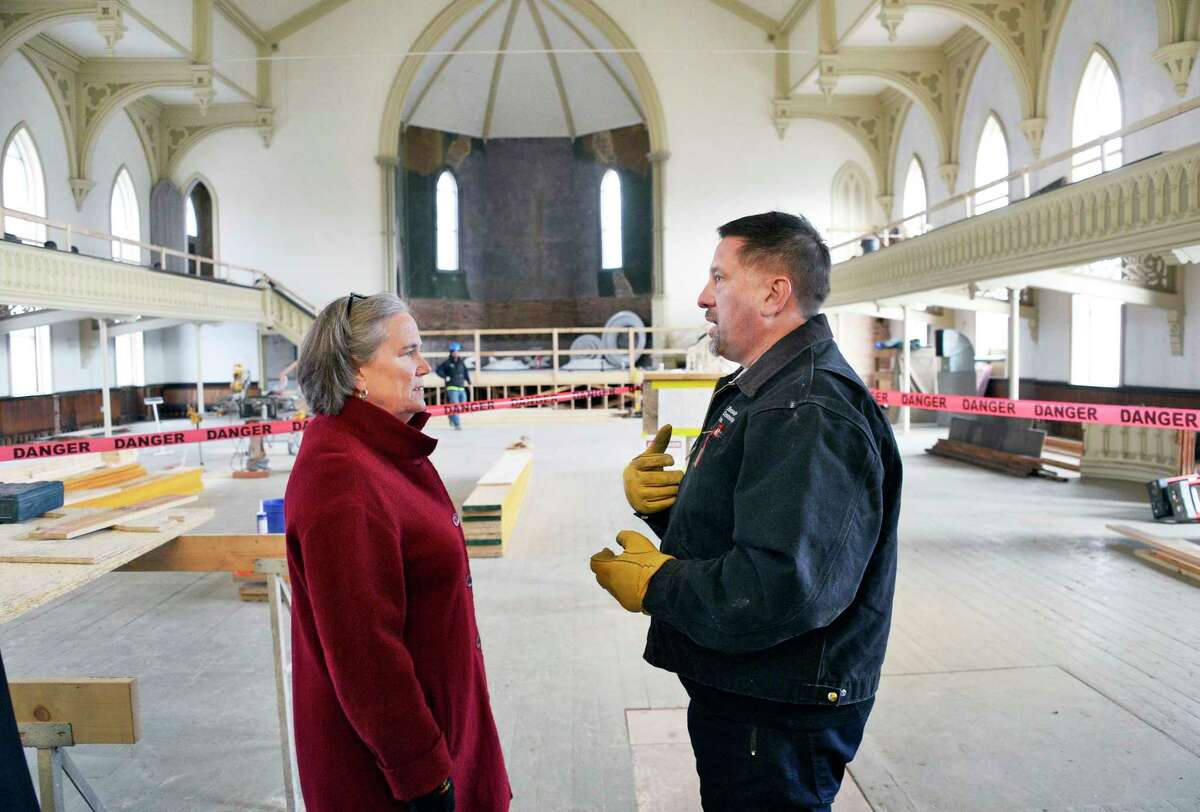 Mayor Meg Kelly and Bonacio Construction President Sonny Bonacio in the Great Hall of the Universal Preservation Hall in 2018 in Saratoga Springs, NY. Upon ending her second-term, Kelly became an employee of a LLC linked to Bonacio Construction. (John Carl D'Annibale/Times Union)