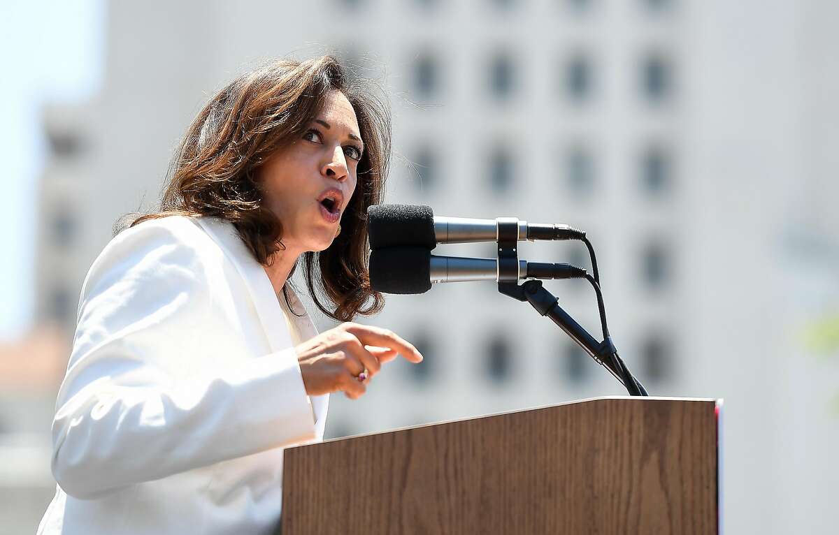 Sen. Kamala Harris (D-Calif.) speaks during a rally on June 30, 2018. An aide to Sen. Harris resigned after The Sacramento Bee inquired about a $400,000 harrassment and retaliation settlement from his time working for her at the California Department of Justice. (Wally Skalij/Los Angeles Times/TNS)