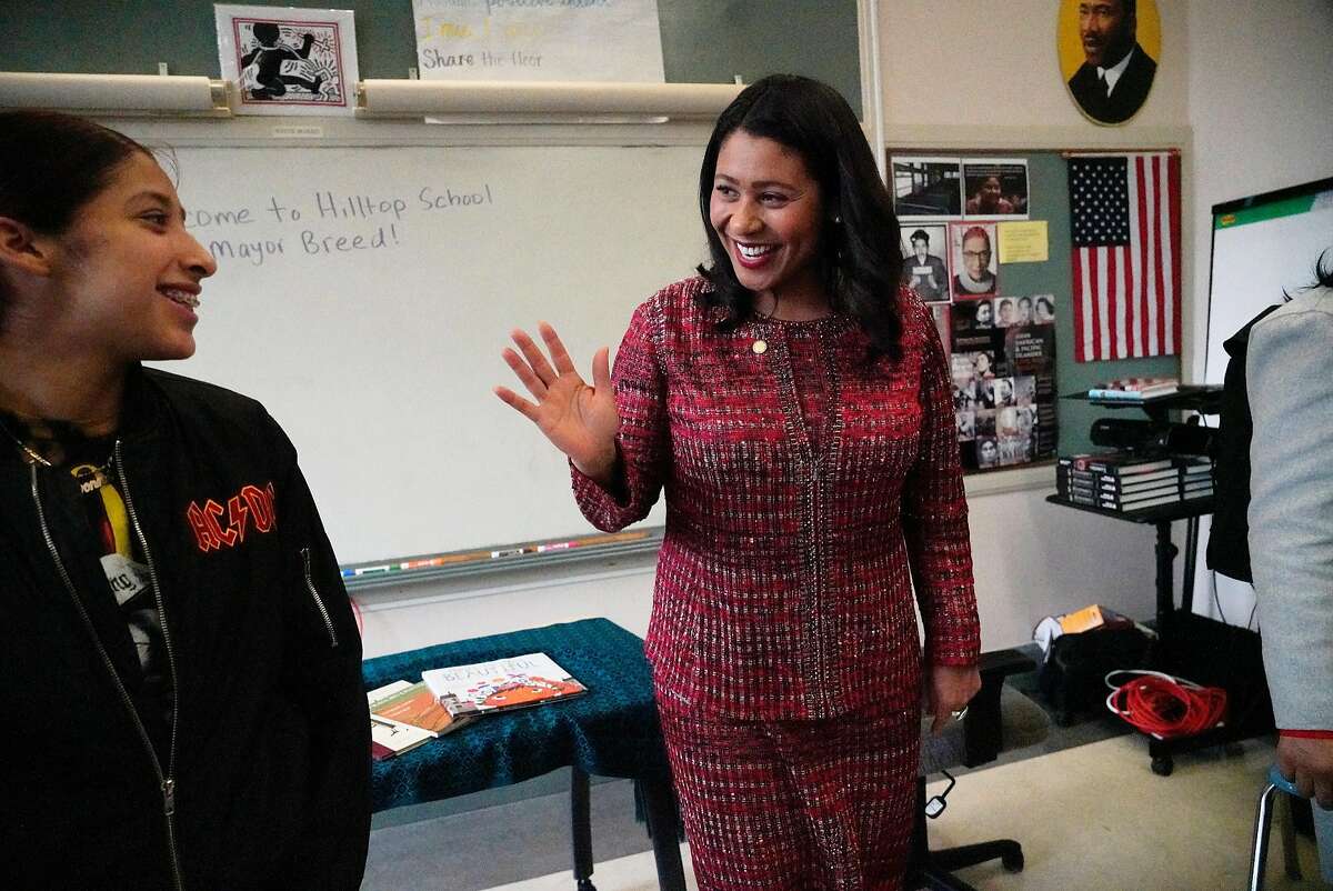 Mayor London Breed (right) waves to Ivonne Bermudez (left), 18 after talking with her after speaking with Hilltop High School students at Hilltop High School on Wednesday, December 5, 2018 in San Francisco, Calif.