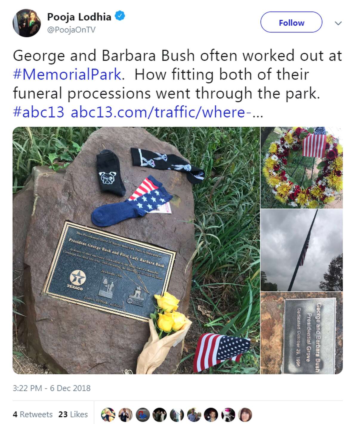 @PoojaOnTV George and Barbara Bush often worked out at #MemorialPark. How fitting both of their funeral processions went through the park.