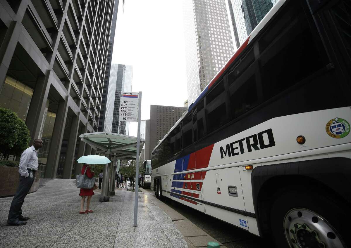 A Metropolitan Transit Authority is ready to depart from a stop at Louisiana and McKinney on July 11, 2017, in downtown Houston.
