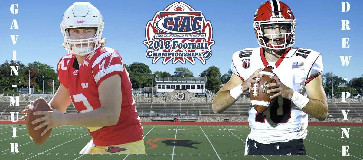 Quarterbacks Gavin Muir of Greenwich, left, and Drew Pyne of New Canaan will face off in Saturday's Class LL championship at Boyle Stadium in Stamford.