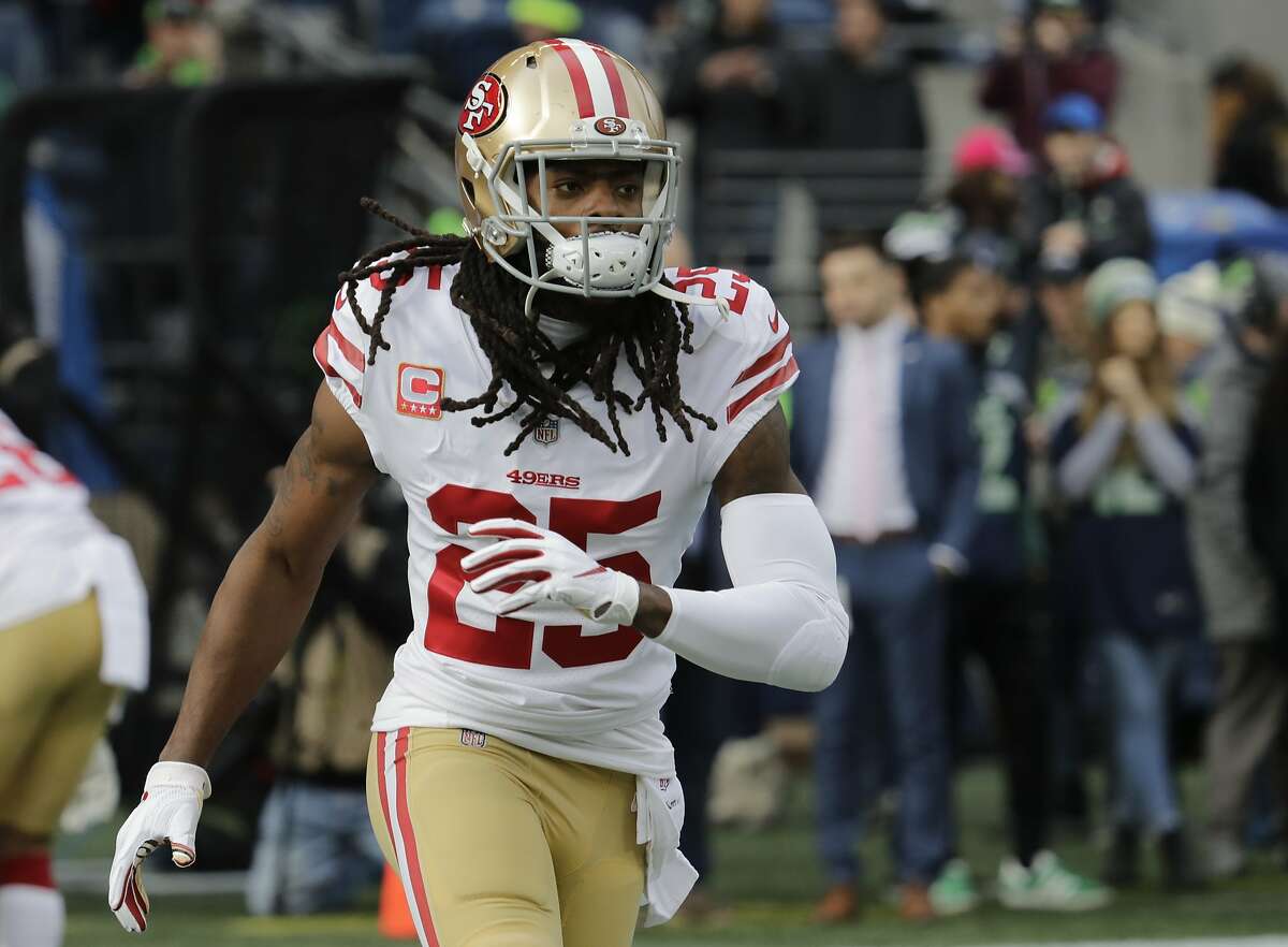 San Francisco 49ers cornerback Richard Sherman warms up before an NFL football game against the Seattle Seahawks, Sunday, Dec. 2, 2018, in Seattle. (AP Photo/Elaine Thompson)