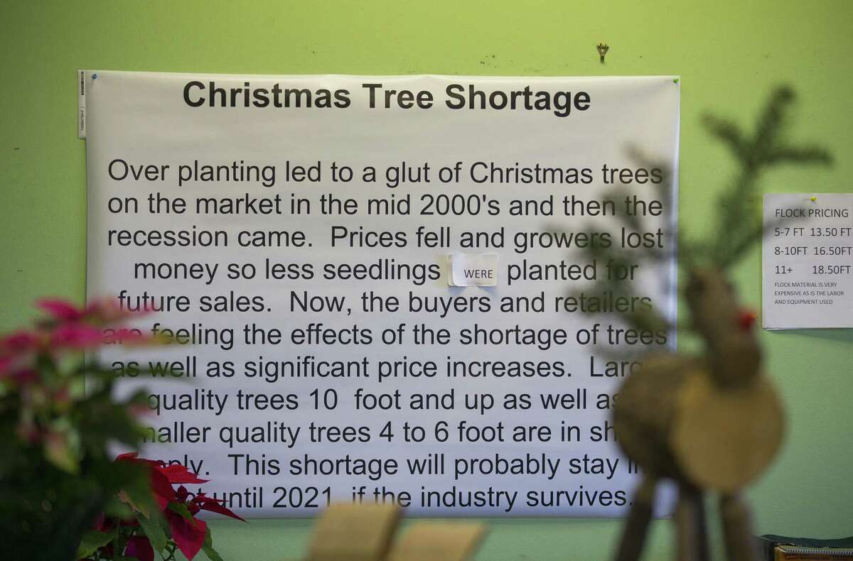 A sign hangs up inside National Tree & Shrub alerting customers to a tree shortage that has effected the Christmas tree industry, Monday, Dec. 3, 2018 in Houston. The nursery on Yale Street procures their Christmas trees from Oregon and offers several services including flocking and home delivery.