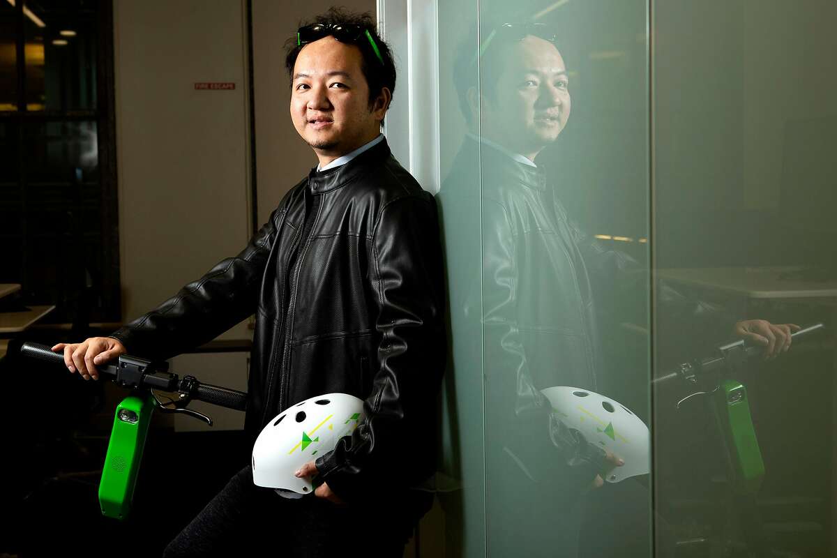 A portrait of Lime CEO and co-founder Toby Sun on the company's new Lime-S Gen 3 electric scooter on Tuesday, Dec. 4, 2018, in San Francisco, Calif. The electric scooter company's new headquarters is located at 85 Second St.