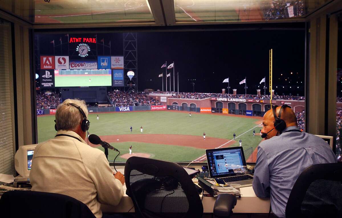 Announcers Ken Korach, left, and Vince Cotroneo broadcast live during Game 2 of the Bay Bridge series between the San Francisco Giants and the Oakland A's March 28, 2014 at AT&T Park in San Francisco.