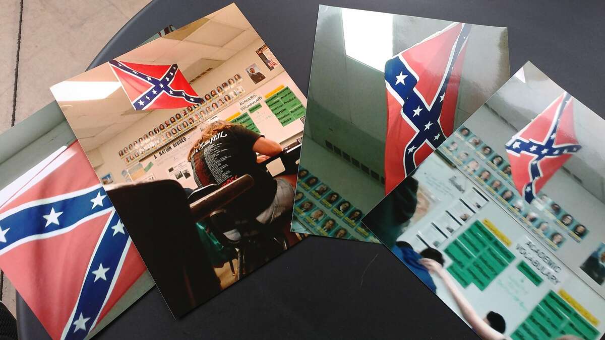 This montage depicts several images taken from inside a classroom at La Joya Middle School by a student on April 3, 2017 show a Confederate flag hanging from the ceiling. School officials say it was used for educational purposes but it was taken down after a mother raised concerns.