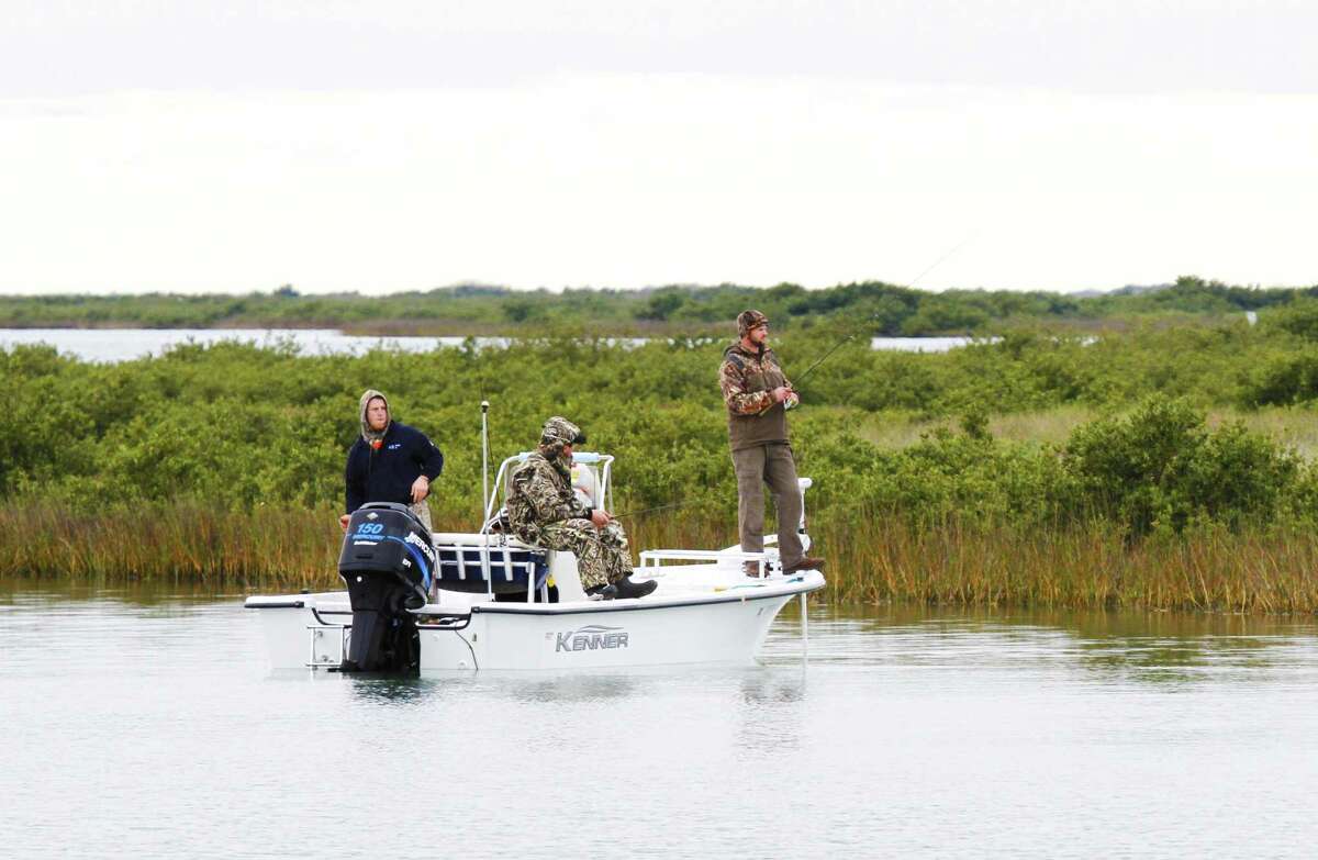 Anglers fish along an Espiritu Santo Bay shoreline where stands of black mangrove, a tropical shrub that has significantly expanded its range as winters warm, are displacing oyster grass-dominated salt marsh and altering the dynamics and productivity of Texas’ coastal ecosystems.
