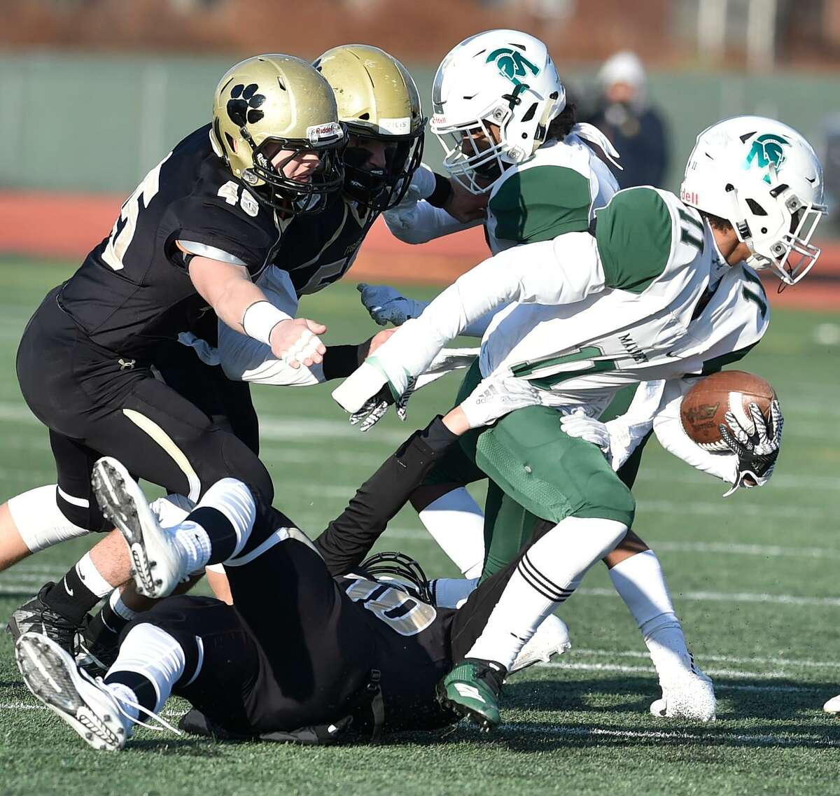 New Britain, Connecticut - Saturday, December 8, 2018: Daniel Hand H.S. vs. Maloney H.S. during first half football of the CIAC Class L Championship Game Saturday afternoon at Willowbrook Park Stadium in New Britain.