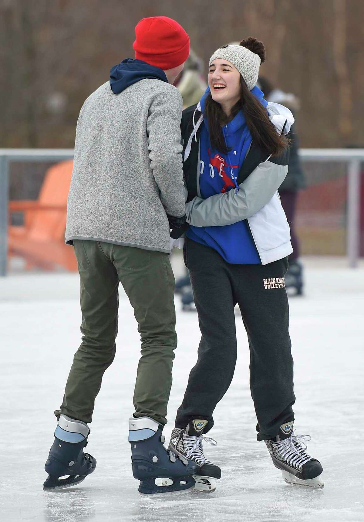 Stamford's Thomas Connolly and Jenna Migliaccio, both 16, skate together at the Steven & Alexandra Cohen Skating Center at Mill River Park in Stamford, Conn. Sunday, Dec. 9, 2018. The new 9,000 sq. ft. skating area opened Thursday and will be open seven days a week seasonally through March 15.