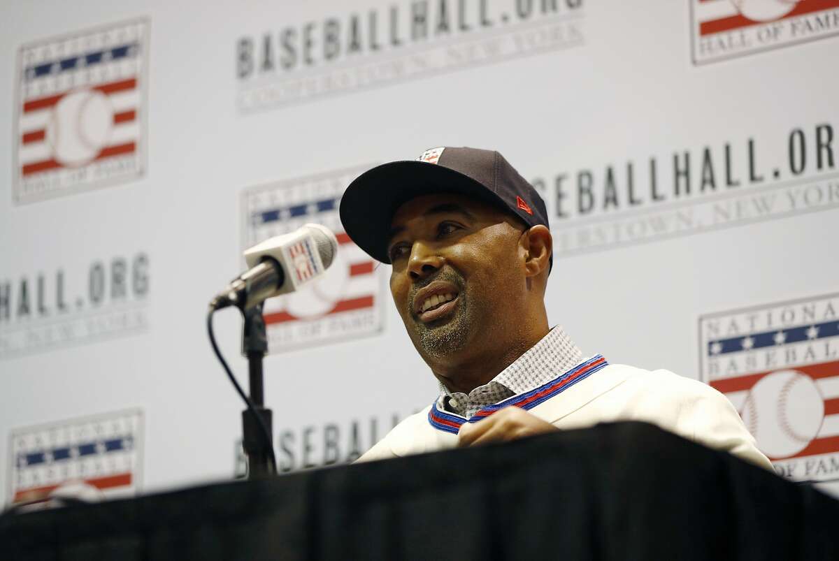 Harold Baines speaks during a news conference for the baseball Hall of Fame during the Major League Baseball winter meetings, Monday, Dec. 10, 2018, in Las Vegas. (AP Photo/John Locher)