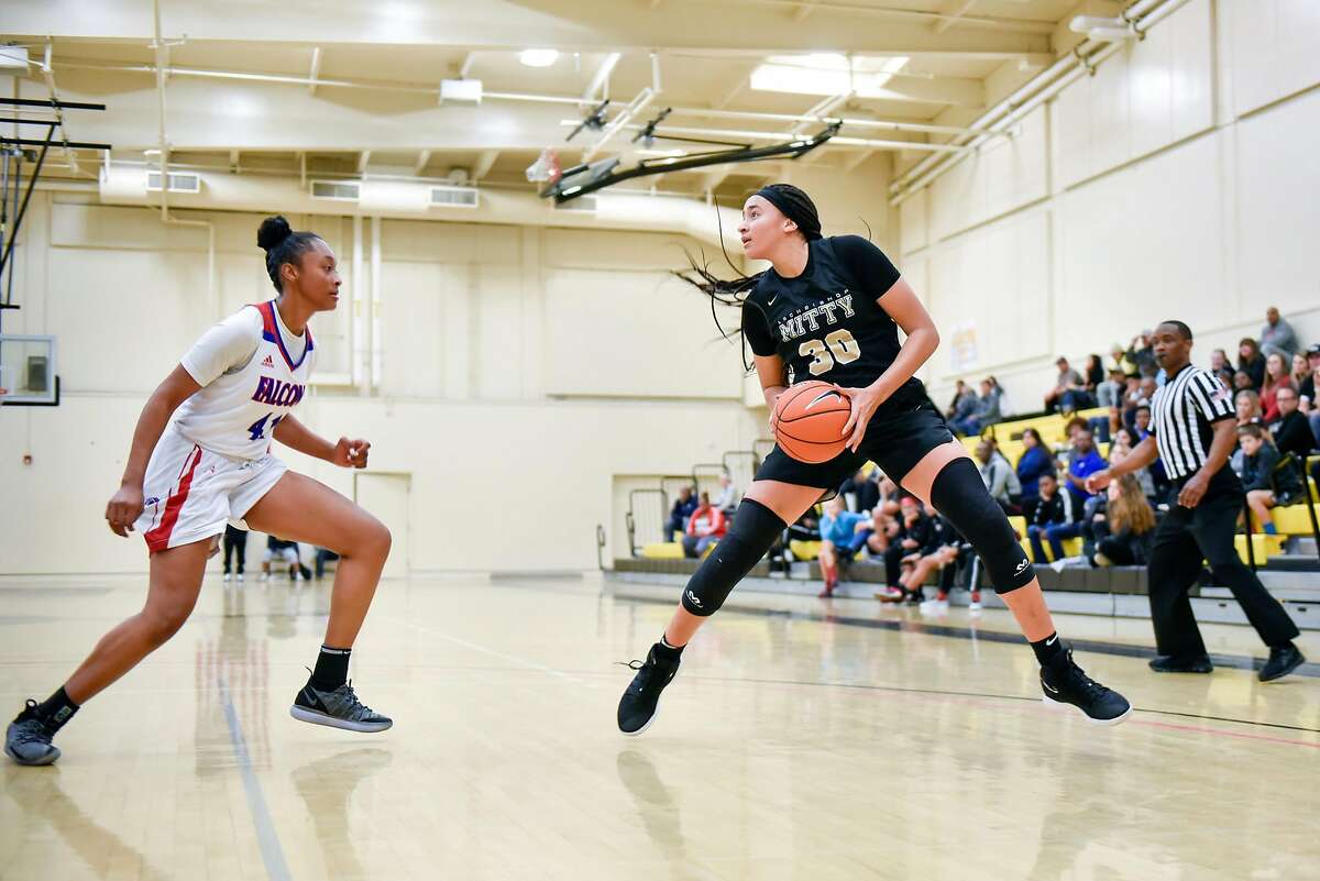 Archbishop Mitty High School's Haley Jones steps back for a shot against Christian Brothers High School's Bria Shine during their game at Chabot College in Hayward, California, on Saturday, December 8, 2018. San Jose's Archbishop Mitty High School senior guard Haley Jones has signed a letter of intent to play at Stanford University next year.